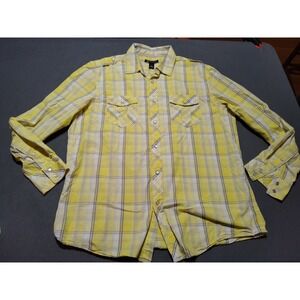 INC International Concepts Pearl Snap Blouse Ladie XL Yellow Plaid Rodeo Country